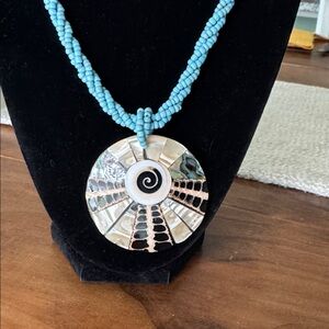 Boho Turquoise Beaded Necklace w Spiral Shell Pendant